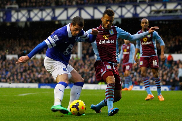 LIVERPOOL, ENGLAND - FEBRUARY 01: Ross Barkley (L) of Everton in action with Ryan Bertrand of Aston Villa during the Barclays Premier League match between Everton and Aston Villa at Goodison Park on February 1, 2014 in Liverpool, England. (Photo by Paul Thomas/Getty Images)