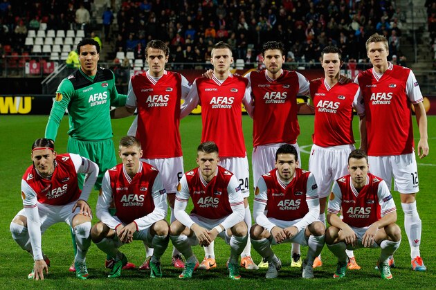 ALKMAAR, NETHERLANDS - FEBRUARY 27:  AZ line up prior to the UEFA Europa League Round of 32 match between AZ Alkmaar and FC Slovan Liberec at the AZ Stadium on February 27, 2014 in Alkmaar, Netherlands.  (Photo by Dean Mouhtaropoulos/Getty Images)