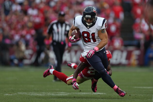 SAN FRANCISCO, CA - OCTOBER 06:  Tight end Owen Daniels #81 of the Houston Texans is pursued by Perrish Cox #20 of the San Francisco 49ers after a reception at Candlestick Park on October 6, 2013 in San Francisco, California.  (Photo by Jeff Gross/Getty Images)