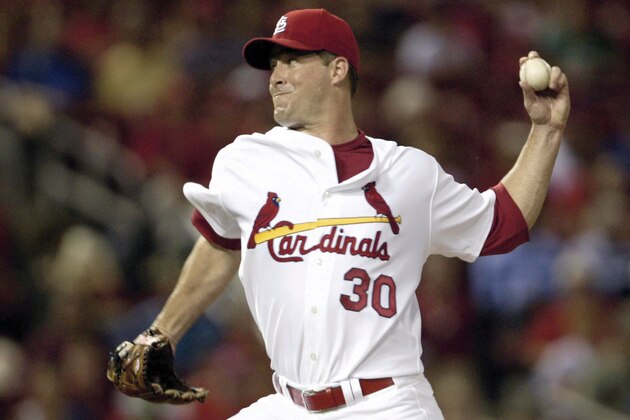 St. Louis Cardinals' Mark Mulder pitches for the first time since last season in the ninth inning against the New York Mets a MLB baseball game, Monday, June 30, 2008 in St. Louis. Mulder faced five hitters, allowing two hits, as the Cardinals beat the Mets 7-1.(AP Photo/Tom Gannam)