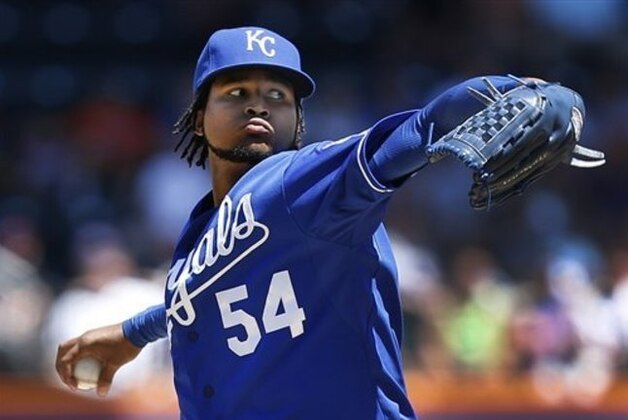 Kansas City Royals starting pitcher Ervin Santana throws the ball during the first inning of an inter-league baseball game against the New York Mets at Citi Field, Sunday, Aug. 4, 2013, in New York. The Royals defeated the Mets, 6-2. (AP Photo/John Minchillo)