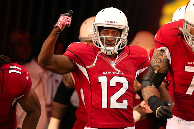 GLENDALE, AZ - NOVEMBER 25:  wide receiver Andre Roberts #12 of the Arizona Cardinals runs out onto the field before the NFL game against the St. Louis Rams at the University of Phoenix Stadium on November 25, 2012 in Glendale, Arizona. The Rams defeated the Cardinals 31-17.  (Photo by Christian Petersen/Getty Images)