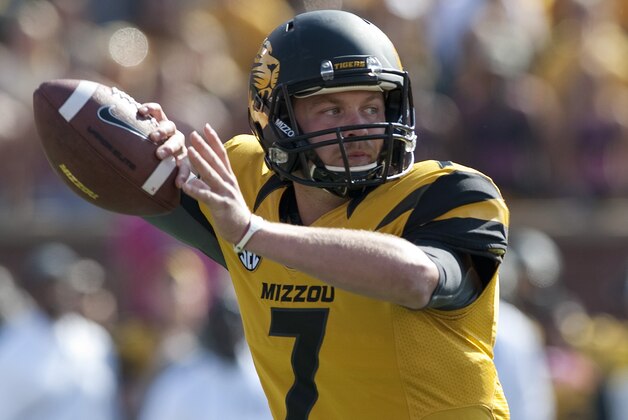 Missouri quarterback Maty Mauk throws a pass during the first quarter of an NCAA college football game against Florida Saturday, Oct. 19, 2013, in Columbia, Mo. (AP Photo/L.G. Patterson)