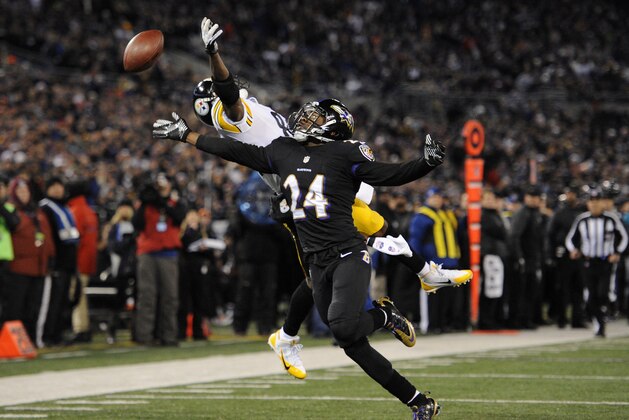Baltimore Ravens cornerback Corey Graham (24) pressures Pittsburgh Steelers wide receiver Antonio Brown as Brown misses a pass attempt in the first half of an NFL football game Thursday, Nov. 28, 2013, in Baltimore. (AP Photo/Nick Wass)