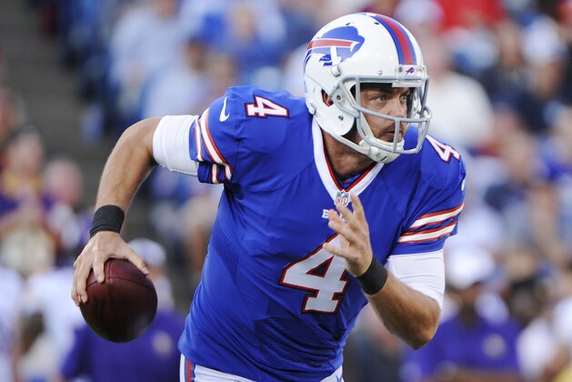 Buffalo Bills quarterback Kevin Kolb (4) scrambles during the first half of an NFL preseason football game against the Minnesota Vikings Friday, Aug. 16, 2013, in Orchard Park, N.Y.  (AP Photo/Gary Wiepert)