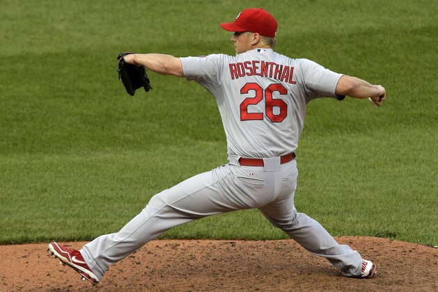 St. Louis Cardinals relief pitcher Trevor Rosenthal (26) delivers during the eighth inning of a baseball game against the Pittsburgh Pirates in Pittsburgh Tuesday, July 30, 2013. (AP Photo/Gene J. Puskar)