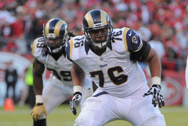 November 11, 2012; San Francisco, CA, USA; St. Louis Rams tackle Rodger Saffold (76) blocks San Francisco 49ers outside linebacker Aldon Smith (99) during the fourth quarter at Candlestick Park. The 49ers and the Rams tied 24-24. Mandatory Credit: Kyle Terada-USA TODAY Sports