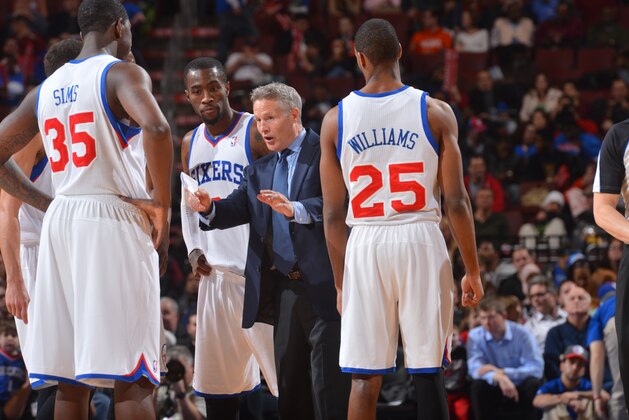 PHILADELPHIA, PA - FEBRUARY 24: Head Coach Brett Brown of the Philadelphia 76ers gives his team direction against the Milwaukee Bucks at the Wells Fargo Center on February 24, 2014 in Philadelphia, Pennsylvania. NOTE TO USER: User expressly acknowledges and agrees that, by downloading and or using this photograph, User is consenting to the terms and conditions of the Getty Images License Agreement. Mandatory Copyright Notice: Copyright 2014 NBAE (Photo by Jesse D. Garrabrant/NBAE via Getty Images)