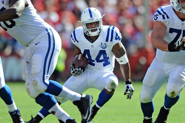 Indianapolis Colts running back Ahmad Bradshaw (44) in action during a game against the San Francisco 49ers played at Candlestick Park in San Francisco on Sunday, September 22, 2013. (AP Photo/John Cordes)
