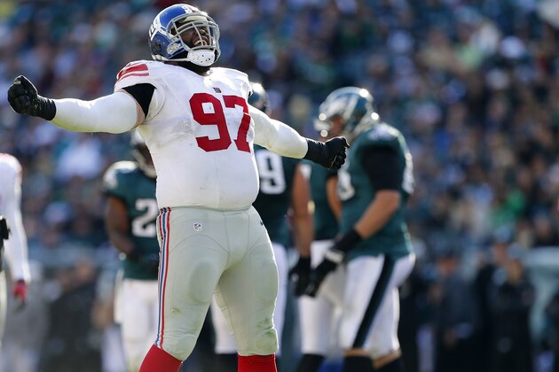 PHILADELPHIA, PA - OCTOBER 27: Defensive tackle Linval Joseph #97 of the New York Giants reacts after sacking quarterback Matt Barkley #2 of the Philadelphia Eagles in the fourth quarter during a game at Lincoln Financial Field on October 27, 2013 in Philadelphia, Pennsylvania. The Giants defeated the Eagles 15-7. (Photo by Rich Schultz /Getty Images)