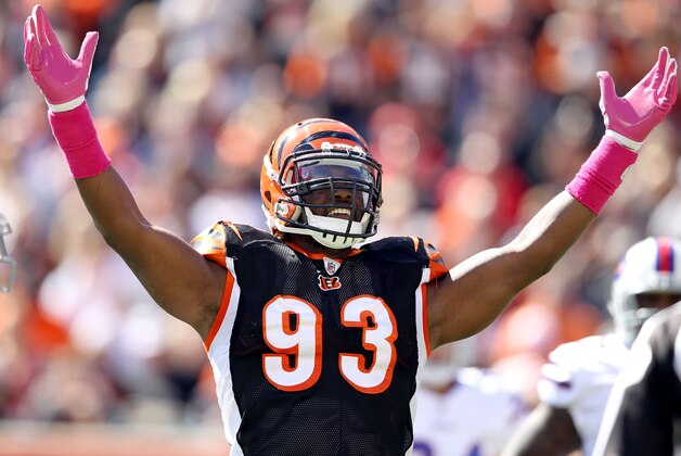 CINCINNATI, OH - OCTOBER 02: Michael Johnson #93 of the Cincinnati Bengals celebrates during the 23-20 victory against the Buffalo Bills at Paul Brown Stadium on October 2, 2011 in Cincinnati, Ohio.  (Photo by Andy Lyons/Getty Images)