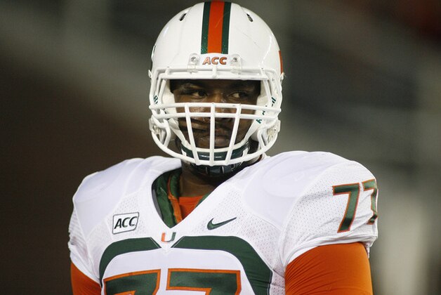 Miami offensive linesman Seantrel Henderson (77) during an NCAA college football game against Florida State Saturday, Nov. 2, 2013, in Tallahassee, Fla. (AP Photo/Phil Sears)