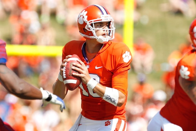 CLEMSON, SC - SEPTEMBER 7: Cole Stoudt #18 of the Clemson Tigers drops back for a pass during the game against the South Carolina State Bulldogs at Memorial Stadium on September 7, 2013 in Clemson, South Carolina. (Photo by Tyler Smith/Getty Images)