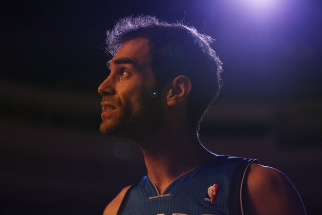 Dallas Mavericks' Jose Calderon of Spain looks on while players are introduced prior to the first half of an NBA basketball game against the Philadelphia 76ers, Friday, Feb. 21, 2014, in Philadelphia. The Mavericks won 124-112. (AP Photo/Chris Szagola)