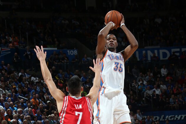 OKLAHOMA CITY, OK - MARCH 11: Kevin Durant #35 of the Oklahoma City Thunder shoots the ball against the Houston Rockets during an NBA game on March 11, 2014 at the Chesapeake Energy Arena in Oklahoma City, Oklahoma. NOTE TO USER: User expressly acknowledges and agrees that, by downloading and or using this Photograph, user is consenting to the terms and conditions of the Getty Images License Agreement. Mandatory Copyright Notice: Copyright 2014 NBAE (Photo by Layne Murdoch/NBAE via Getty Images)
