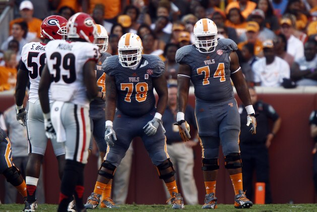 Tennessee offensive lineman Alex Bullard (78) and Antonio Richardson (74) line up in the third quarter of an NCAA college football game on Saturday, Oct. 5, 2013 in Knoxville, Tenn. Georgia won 34-31. (AP Photo/Wade Payne) Tennessee offensive lineman Alex Bullard (78) and Antonio Richardson (74) line up in the third quarter of an NCAA college football game on Saturday, Oct. 5, 2013 in Knoxville, Tenn. Georgia won 34-31. (AP Photo/Wade Payne)