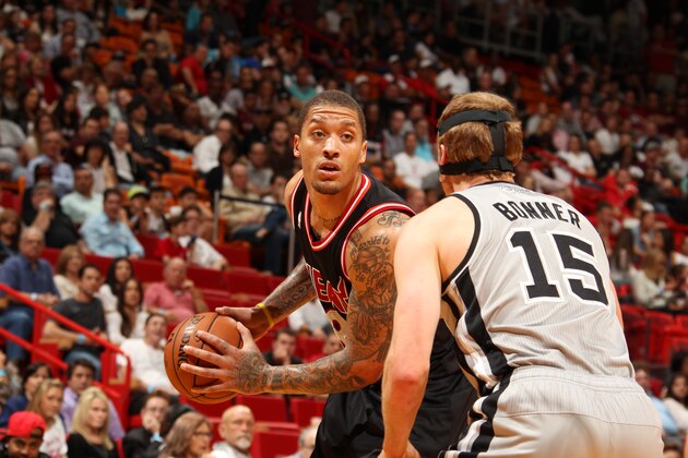MIAMI, FL - JANUARY 26: Michael Beasley #8 of the Miami Heat looks to pass the ball against the San Antonio Spurs at the American Airlines Arena in Miami, Florida on Jan. 26, 2014. NOTE TO USER: User expressly acknowledges and agrees that, by downloading and/or using this photograph, user is consenting to the terms and conditions of the Getty Images License Agreement. Mandatory copyright notice: Copyright NBAE 2014 (Photo by Issac Baldizon/NBAE via Getty Images) MIAMI, FL - JANUARY 26: Michael Beasley #8 of the Miami Heat looks to pass the ball against the San Antonio Spurs at the American Airlines Arena in Miami, Florida on Jan. 26, 2014. NOTE TO USER: User expressly acknowledges and agrees that, by downloading and/or using this photograph, user is consenting to the terms and conditions of the Getty Images License Agreement. Mandatory copyright notice: Copyright NBAE 2014 (Photo by Issac Baldizon/NBAE via Getty Images)
