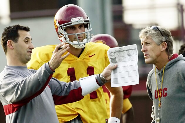 FILE - In this Dec. 30, 2005, file photo, Southern California head coach Pete Carroll, right, looks as assistant head coach Steve Sarkisian talks with quarterback Matt Leinart during NCAA college football practice. Sarkisian, now head coach at Washington, will take on USC on Saturday in Seattle.  (AP Photo/Kevork Djansezian)