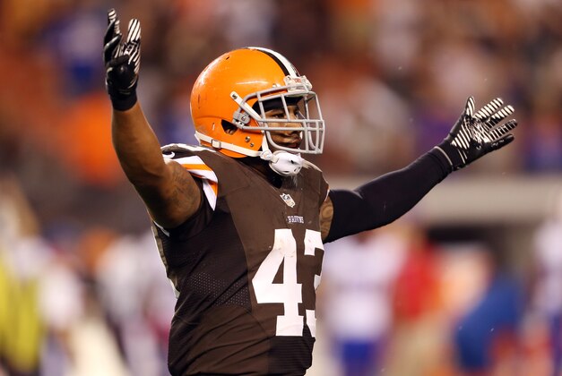 Oct 3, 2013; Cleveland, OH, USA; Cleveland Browns strong safety T.J. Ward (43) celebrates after beating the Buffalo Bills 37-24 at FirstEnergy Stadium. Mandatory Credit: Ron Schwane-USA TODAY Sports