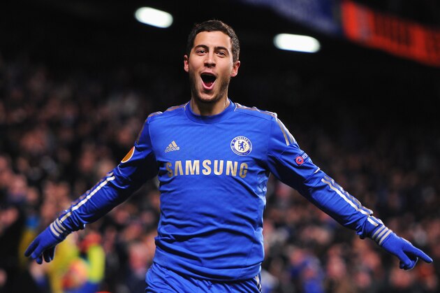 LONDON, ENGLAND - FEBRUARY 21: Eden Hazard of Chelsea celebrates his goal during the UEFA Europa League Round of 32 second leg match between Chelsea and Sparta Praha at Stamford Bridge on February 21, 2013 in London, England.  (Photo by Michael Regan/Getty Images)