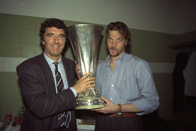 16 May 1990: Dino Zoff (left) Juventus team coach and Stefano Tacconi (right) Captain of Juventus hold the UEFA Cup after the Final second leg match against Florentina in Avellino, Italy. The match ended in a 0-0 draw but Juventus won 3-1 on aggregate.\ Mandatory Credit: Simon Bruty/Allsport 16 May 1990: Dino Zoff (left) Juventus team coach and Stefano Tacconi (right) Captain of Juventus hold the UEFA Cup after the Final second leg match against Florentina in Avellino, Italy. The match ended in a 0-0 draw but Juventus won 3-1 on aggregate.\ Mandatory Credit: Simon Bruty/Allsport