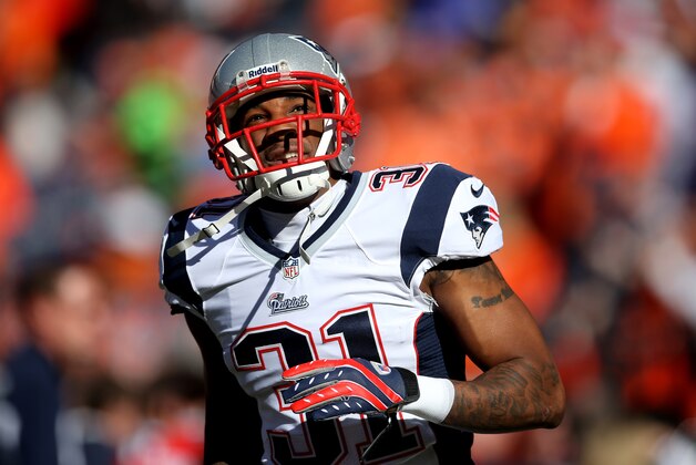 January 19, 2014; Denver, CO, USA; New England Patriots cornerback Aqib Talib against the Denver Broncos in the 2013 AFC Championship football game at Sports Authority Field at Mile High. Mandatory Credit: Mark J. Rebilas-USA TODAY Sports