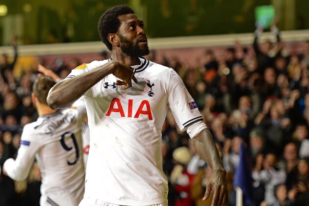 LONDON, ENGLAND - FEBRUARY 27:  Emmanuel Adebayor of Tottenham Hotspur celebrates after scoring a goal during the UEFA Europa League Round of 32 second leg match between Tottenham Hotspur and  FC Dnipro Dnipropetrovsk at White Hart Lane on February 27, 2014 in London, England.  (Photo by Jamie McDonald/Getty Images)