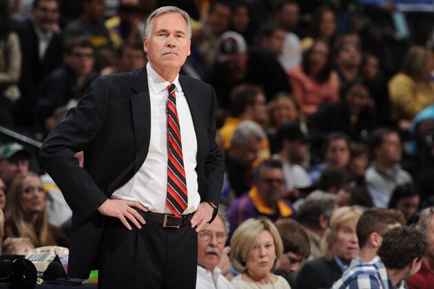 DENVER, CO - MARCH 7: Head Coach of the Los Angeles Lakers Mike D'Antoni during a game against the Denver Nuggets  on March 7, 2014 at the Pepsi Center in Denver, Colorado. NOTE TO USER: User expressly acknowledges and agrees that, by downloading and/or using this Photograph, user is consenting to the terms and conditions of the Getty Images License Agreement. Mandatory Copyright Notice: Copyright 2014 NBAE (Photo by Garrett W. Ellwood/NBAE via Getty Images)
