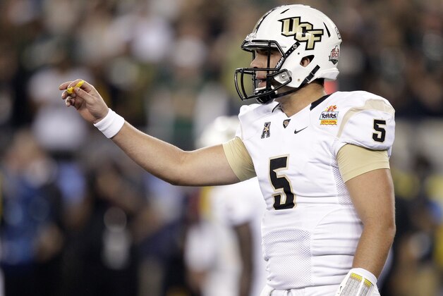 Central Florida quarterback Blake Bortles (5) during the first half of the Fiesta Bowl NCAA college football game against Baylor, Wednesday, Jan. 1, 2014, in Glendale, Ariz.  (AP Photo/Rick Scuteri)