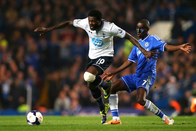 LONDON, ENGLAND - MARCH 08:  Emmanuel Adebayor of Spurs is challenged by Ramires of Chelsea during the Barclays Premier League match between Chelsea and Tottenham Hotspur at Stamford Bridge on March 8, 2014 in London, England.  (Photo by Clive Rose/Getty Images)