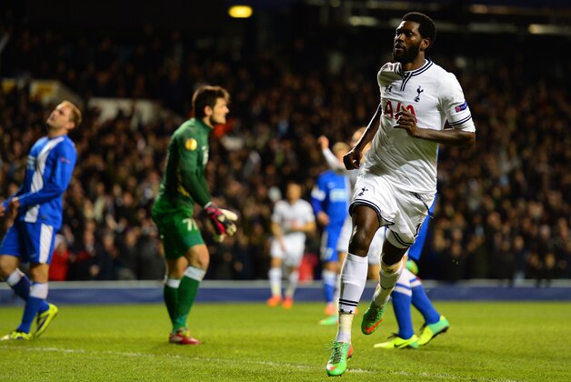 LONDON, ENGLAND - FEBRUARY 27:  Emmanuel Adebayor of Tottenham Hotspur turns to celebrate after scoring their third goal during the UEFA Europa League Round of 32 second leg match between Tottenham Hotspur and  FC Dnipro Dnipropetrovsk at White Hart Lane on February 27, 2014 in London, England.  (Photo by Jamie McDonald/Getty Images)
