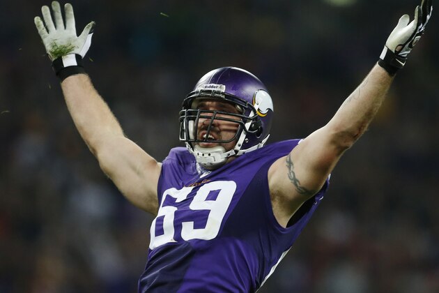 Minnesota Vikings defensive end Jared Allen celebrates after sacking Pittsburgh Steelers quarterback Ben Roethlisberger during the first half of their NFL football game at Wembley Stadium, London, Sunday,Sept. 29, 2013.  (AP Photo/Matt Dunham)