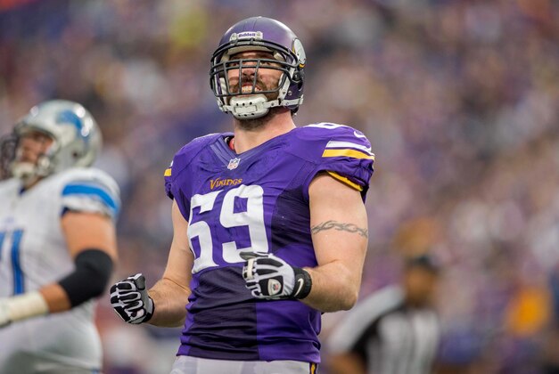 Dec 29, 2013; Minneapolis, MN, USA; Minnesota Vikings defensive end Jared Allen (69) reacts against the Detroit Lions in the second quarter at Mall of America Field at H.H.H. Metrodome. The Vikings win 14-13. Mandatory Credit: Bruce Kluckhohn-USA TODAY Sports