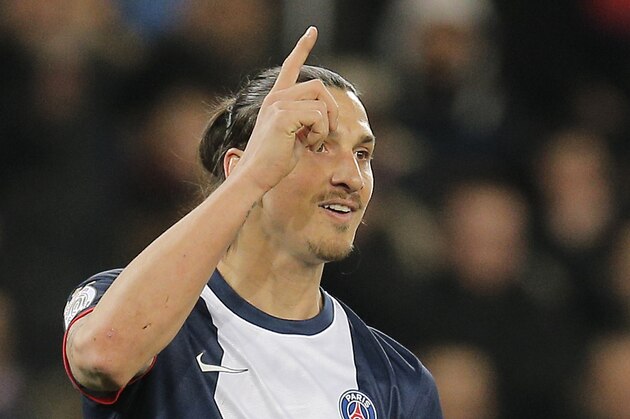 Paris Saint Germain's Zlatan Ibrahimovic of Sweden gestures during the French League One soccer match against Marseille, at the Parc des Princes stadium, in Paris, Sunday, March 2 , 2014. (AP Photo/Lionel Cironneau)