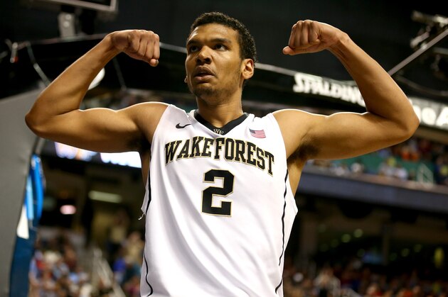 GREENSBORO, NC - MARCH 12: Devin Thomas #2 of the Wake Forest Demon Deacons reacts against the Notre Dame Fighting Irish during the first round of the 2014 Men's ACC Basketball Tournament at Greensboro Coliseum on March 12, 2014 in Greensboro, North Carolina.  (Photo by Streeter Lecka/Getty Images)
