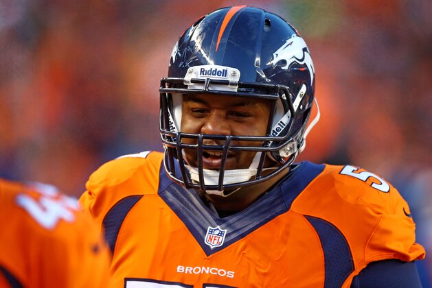 Jan 12, 2014; Denver, CO, USA; Denver Broncos defensive lineman Jeremy Mincey against the San Diego Chargers during the 2013 AFC divisional playoff football game at Sports Authority Field at Mile High. Mandatory Credit: Mark J. Rebilas-USA TODAY Sports