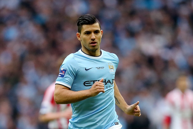 Manchester City's Sergio Aguero during their English League Cup final soccer match against Sunderland at Wembley Stadium, London, England, Sunday, March 2, 2014. (AP Photo/Scott Heppell)