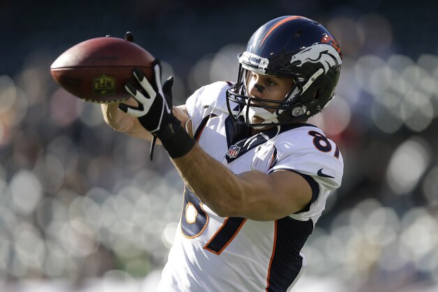 Denver Broncos wide receiver Eric Decker (87) warms up before an NFL football game against the Oakland Raiders in Oakland, Calif., Sunday, Dec. 29, 2013. (AP Photo/Marcio Jose Sanchez)