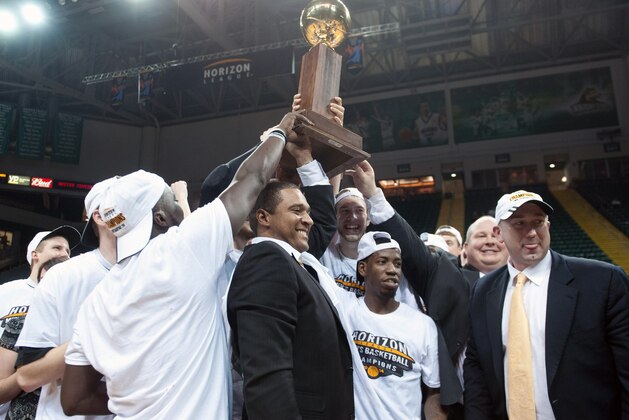 Mar 11, 2014; Dayton, OH, USA; Milwaukee Panthers celebrate after the championship game of the Horizon League tournament against the Wright State Raiders at the Nutter Center. Milwaukee won 69-63. Mandatory Credit: Tim Fuller-USA TODAY Sports