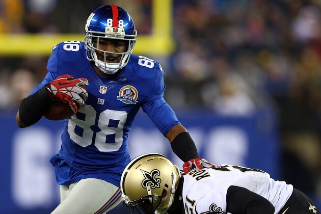 EAST RUTHERFORD, NJ - DECEMBER 09: Hakeem Nicks #88 of the New York Giants carries the ball as Patrick Robinson #21 of the New Orleans Saints defends on December 9, 2012 at MetLife Stadium in East Rutherford, New Jersey. (Photo by Elsa/Getty Images) EAST RUTHERFORD, NJ - DECEMBER 09: Hakeem Nicks #88 of the New York Giants carries the ball as Patrick Robinson #21 of the New Orleans Saints defends on December 9, 2012 at MetLife Stadium in East Rutherford, New Jersey. (Photo by Elsa/Getty Images)