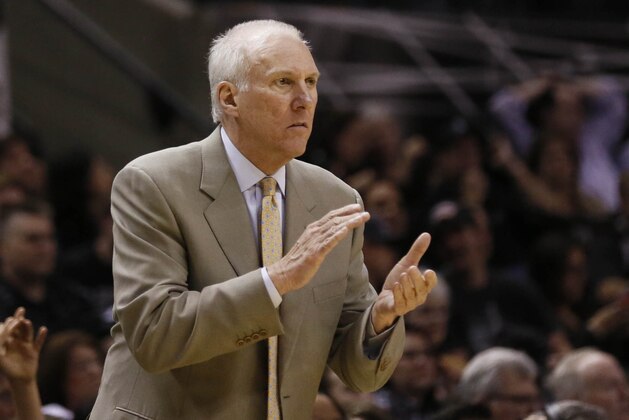 Feb 1, 2014; San Antonio, TX, USA; San Antonio Spurs head coach Gregg Popovich reacts during the second half against the Sacramento Kings at AT&T Center. The Spurs won 95-93. Mandatory Credit: Soobum Im-USA TODAY Sports