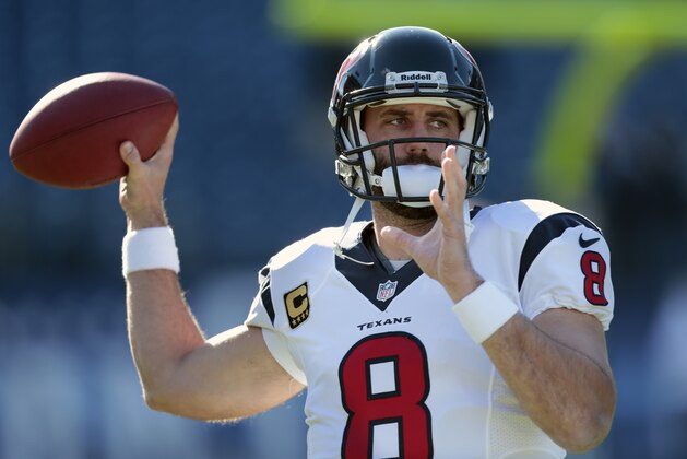 Houston Texans quarterback Matt Schaub warms up before an NFL football game between the Texans and the Tennessee Titans Sunday, Dec. 29, 2013, in Nashville, Tenn. (AP Photo/Wade Payne)