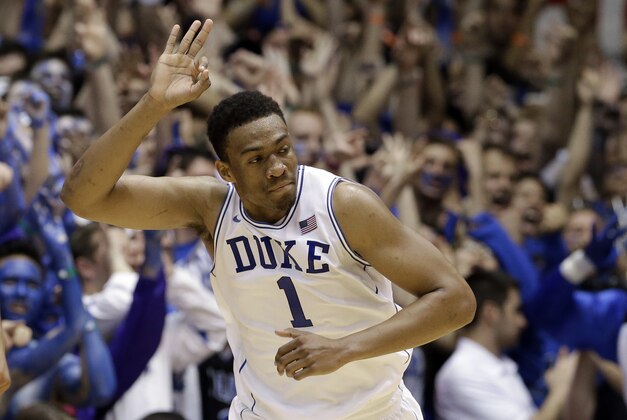 Duke's Jabari Parker reacts following a basket against North Carolina during the first half of an NCAA college basketball game in Durham, N.C., Saturday, March 8, 2014. (AP Photo/Gerry Broome) Duke's Jabari Parker reacts following a basket against North Carolina during the first half of an NCAA college basketball game in Durham, N.C., Saturday, March 8, 2014. (AP Photo/Gerry Broome)