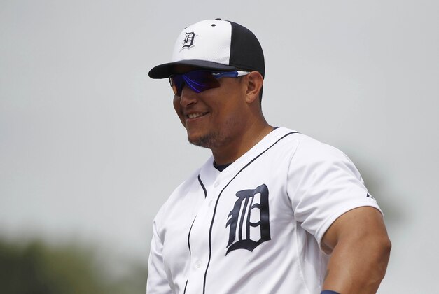 Mar 11, 2014; Lakeland, FL, USA; Detroit Tigers first baseman Miguel Cabrera (24) smiles against the Toronto Blue Jays at Joker Marchant Stadium. Mandatory Credit: Kim Klement-USA TODAY Sports Mar 11, 2014; Lakeland, FL, USA; Detroit Tigers first baseman Miguel Cabrera (24) smiles against the Toronto Blue Jays at Joker Marchant Stadium. Mandatory Credit: Kim Klement-USA TODAY Sports