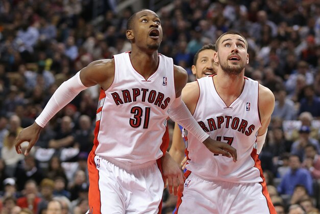 Jan 25, 2014; Toronto, Ontario, CAN; Toronto Raptors guard Terrence Ross (31) and center Jonas Valanciunas (17) box out Los Angeles Clippers forward Hedo Turkoglu (8) at Air Canada Centre. The Clippers beat the Raptors 126-118. Mandatory Credit: Tom Szczerbowski-USA TODAY Sports Jan 25, 2014; Toronto, Ontario, CAN; Toronto Raptors guard Terrence Ross (31) and center Jonas Valanciunas (17) box out Los Angeles Clippers forward Hedo Turkoglu (8) at Air Canada Centre. The Clippers beat the Raptors 126-118. Mandatory Credit: Tom Szczerbowski-USA TODAY Sports
