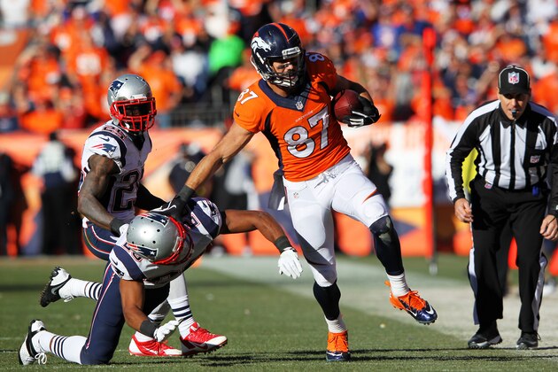 DENVER, CO - JANUARY 19:  Eric Decker #87 of the Denver Broncos tries to avod the tackle of  Logan Ryan #26 of the New England Patriots in the third quarter during the AFC Championship game at Sports Authority Field at Mile High on January 19, 2014 in Denver, Colorado.  (Photo by Jamie Squire/Getty Images)
