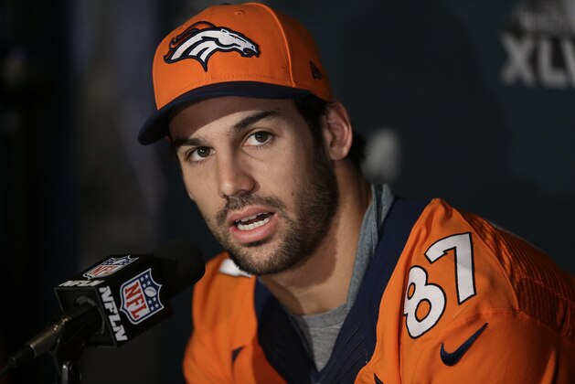 ADVANCE FOR WEEKEND EDITIONS, MARCH 8-9 - FILE - In this Jan. 30, 2014 file photo, Denver Broncos wide receiver Eric Decker talks with reporters during a news conference in Jersey City, N.J. NFL free agency begins Tuesday, March 11, 2014, with each team having another $10 million or so to spend thanks to the increased salary cap. Such standouts as receivers Eric Decker and Julian Edelman, defensive end Michael Bennett and cornerback Alterraun Verner figure to draw quick attention. (AP Photo/File) ADVANCE FOR WEEKEND EDITIONS, MARCH 8-9 - FILE - In this Jan. 30, 2014 file photo, Denver Broncos wide receiver Eric Decker talks with reporters during a news conference in Jersey City, N.J. NFL free agency begins Tuesday, March 11, 2014, with each team having another $10 million or so to spend thanks to the increased salary cap. Such standouts as receivers Eric Decker and Julian Edelman, defensive end Michael Bennett and cornerback Alterraun Verner figure to draw quick attention. (AP Photo/File)