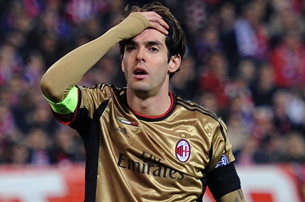 MADRID, SPAIN - MARCH 11:  Kaka of AC Milan reacts during the UEFA Champions League Round of 16, 2nd leg match between Club Atletico de Madrid v AC Milan at Vicente Calderon Stadium on March 11, 2014 in Madrid, Spain.  (Photo by Denis Doyle/Getty Images)