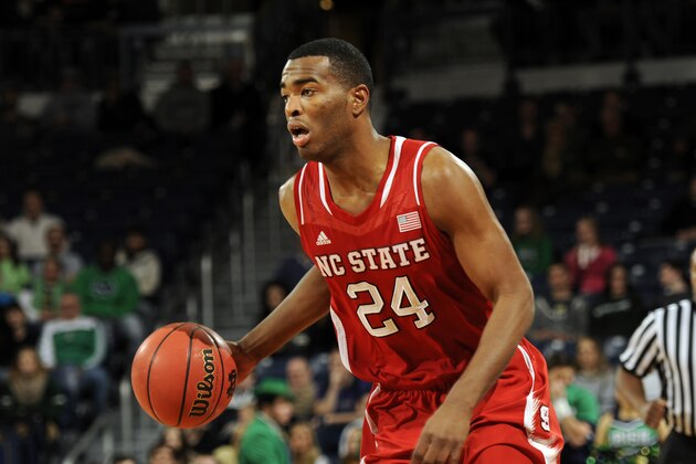 North Carolina State guard T.J. Warren heads up court in the second half of an NCAA college basketball game , Tuesday, Jan. 7, 2014 in South Bend, Ind. NC State won 77-70 with Warren leading the Wolfpack with 17 points. (AP  Photo/Joe Raymond)