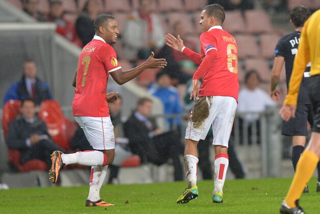 PSV's Adam Maher celebrates with teammate Luciano Narsing, left, after scoring against Dinamo Zagreb during a Europa League group B soccer match between PSV Eindhoven and Dinamo Zagreb at the Philips stadium in Eindhoven, southern Netherlands, Thursday, Nov.7, 2013.(AP Photo/Ermindo Armino) PSV's Adam Maher celebrates with teammate Luciano Narsing, left, after scoring against Dinamo Zagreb during a Europa League group B soccer match between PSV Eindhoven and Dinamo Zagreb at the Philips stadium in Eindhoven, southern Netherlands, Thursday, Nov.7, 2013.(AP Photo/Ermindo Armino)
